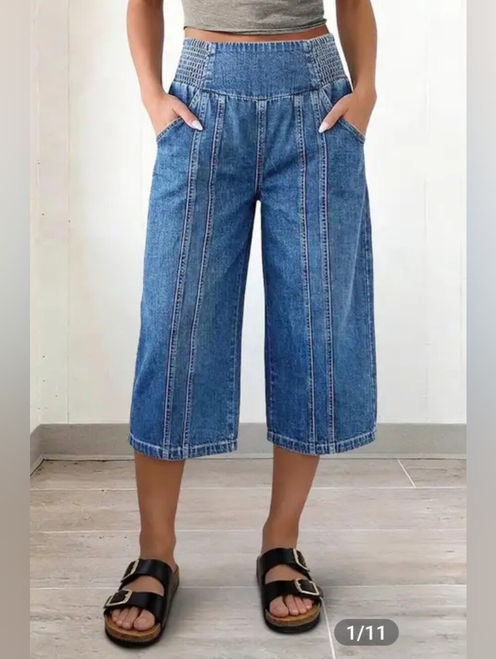 Flamingals Stitch Detail Shirred High Waist Wide Leg Capri Jeans NWT XL